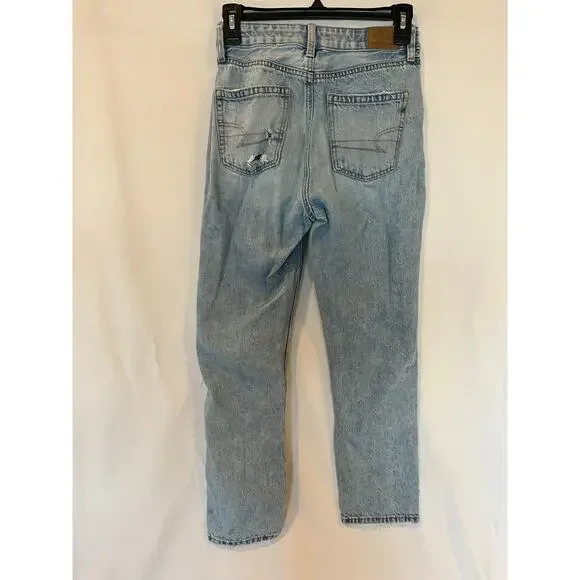 American Eagle Women's Size 0 Short Ripped Mom Jeans Light Blue Denim - Picture 2 of 11